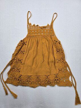 Aeropostale Mustard Yellow Crochet Lace Tank Top Tassels M Boho Festival Flowy